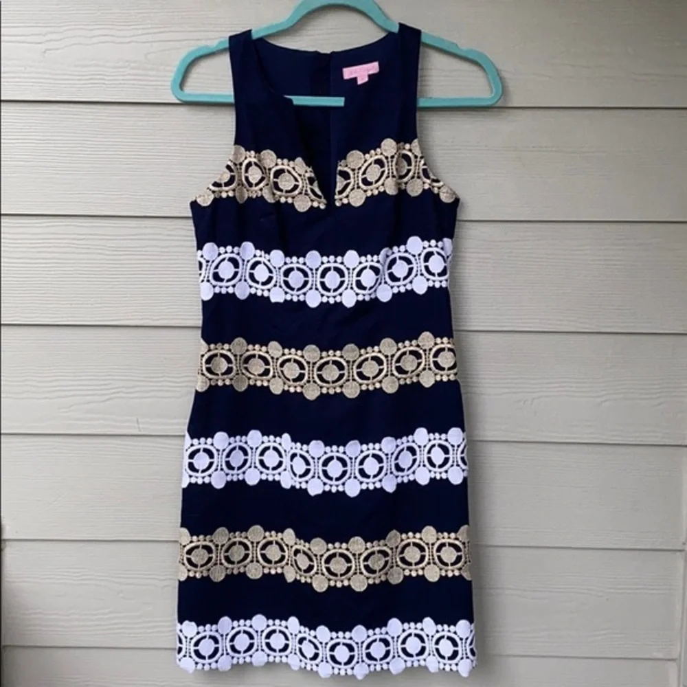 Lilly Pulitzer Navy & Gold Embroidered Lace Shift Dress Size 0 Excellent Cond. - Picture 8 of 16